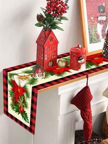 1pc Christmas Theme Decoration Table Runner, Christmas Red Haige Border With Large Red Flowers Pattern Table Cloth, Christmas Party Table Decorative Tablecloth, Table Cloth Perfect For Christmas Kitchen Decoration Living Room Decoration Party Table, Christmas Home Decoration, Merry 2025 Christmas Decorations , - Big Red Flower With Red and Black Grid Border - View 4