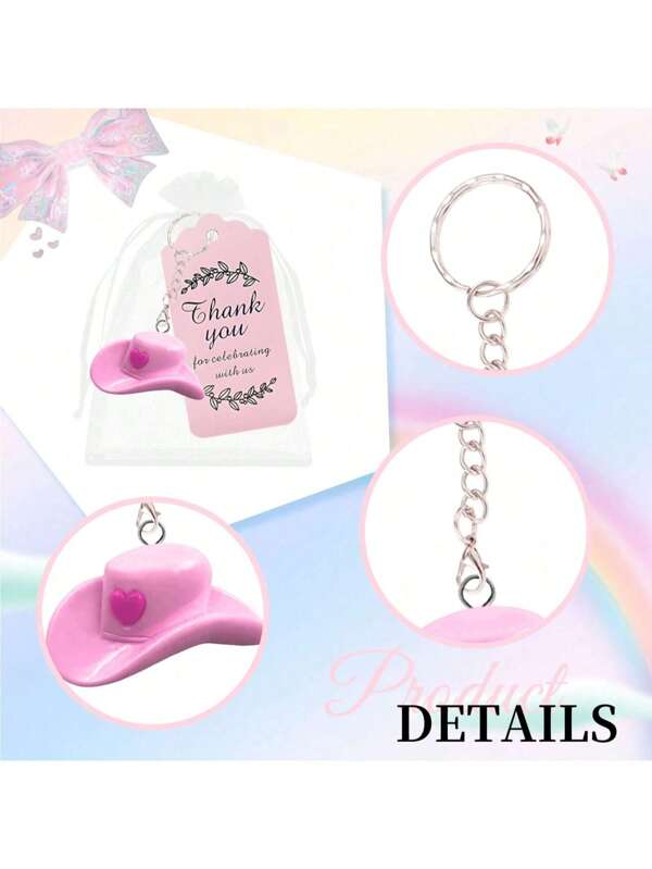 30pcs Pink Cute Hat Keychains, Including 10 Pink Love Cowboy Hats, 10 Pink Cardstock Sheets And 10 White Mesh Bags, Suitable For Creative Gift Keychains, Bags, Pendants, Birthday Party Favors, Birthdays, Weddings, Carnivals Wait.