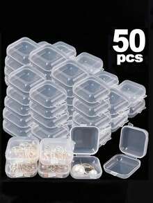 50 个装小号透明塑料珠饰首饰收纳盒，带铰链盖，用于存放小物件、工艺品、珠宝、五金件，1.37 X 1.37 X 0.7 英寸，适合女性收纳整理器旅行必需品，适合返校宿舍收纳 - 無色 - 查看 1