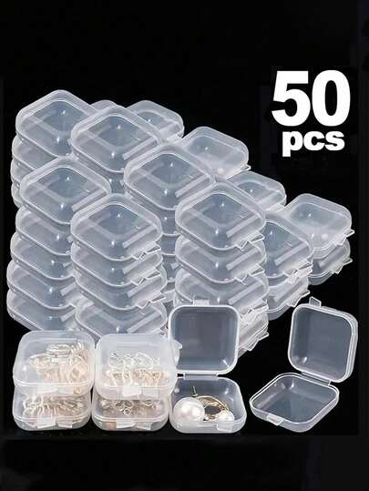 50 个装小号透明塑料珠饰首饰收纳盒，带铰链盖，用于存放小物件、工艺品、珠宝、五金件，1.37 X 1.37 X 0.7 英寸，适合女性收纳整理器旅行必需品，适合返校宿舍收纳