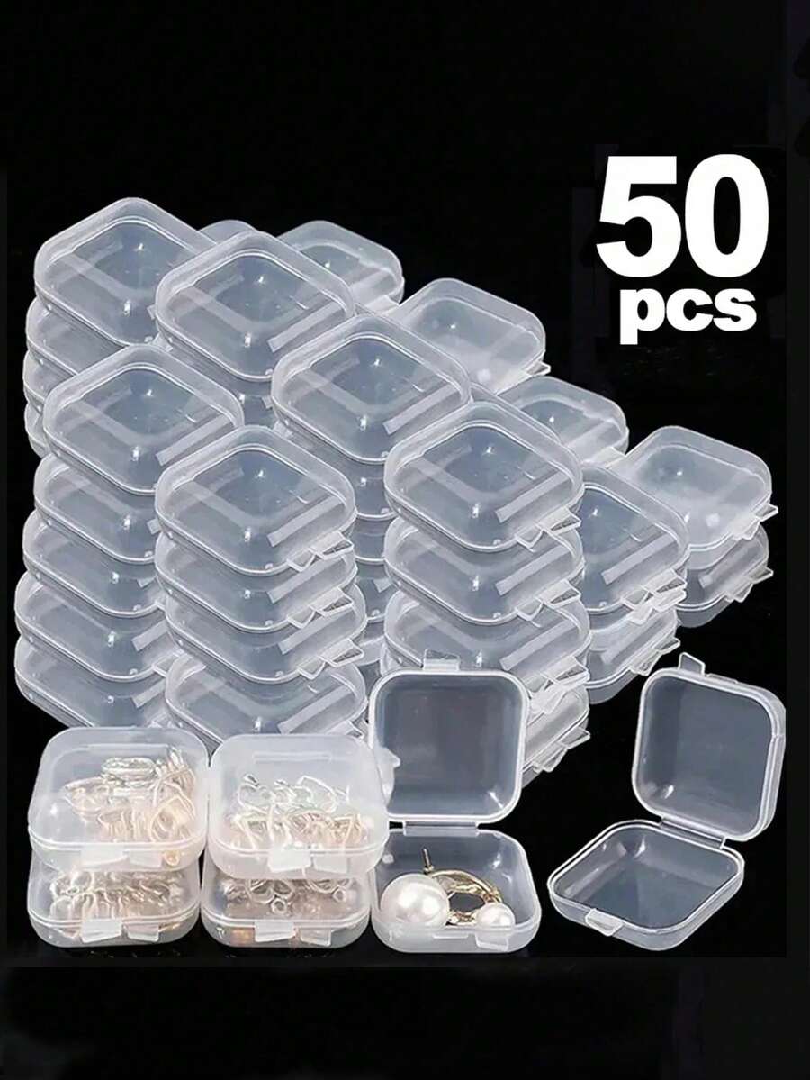 50 个装小号透明塑料珠饰首饰收纳盒，带铰链盖，用于存放小物件、工艺品、珠宝、五金件，1.37 X 1.37 X 0.7 英寸，适合女性收纳整理器旅行必需品，适合返校宿舍收纳 - 無色 - 查看 1