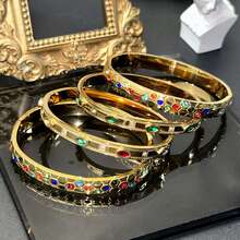 奢华复古18K彩色全钻几何金手链不锈钢开口款式适合女性日常聚会晚宴新娘婚礼宴会海滩度假佩戴 - 彩色 - 查看 3