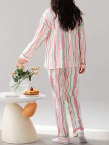[PONX]2pcs/Set Women Soft Sleepwear Pajama Set, V-Neck Long Sleeve Top And Pants, Comfortable For Home Wear, Spring/Autumn, Fall Winter Clothes - Multicolor - View 5