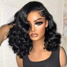 250% Density 13x4 Funmi Curly Lace Front Wigs Human Hair 250% Density Loose Body Wave Human Hair Pre Plucked With Baby Hair Curly Short Wigs For Women  HD Lace Wig Loose Wavy 14 Inch - Natural Black - 查看 4