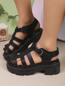 Girls' Fashion Roman Sandals, Platform High Heels, Elegant Princess Shoes, Suitable For Daily Shopping, Parties And Beach Wear - Black - View 2