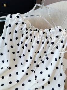 女士时尚黑色圆点缎面抽绳宽松束腰上衣