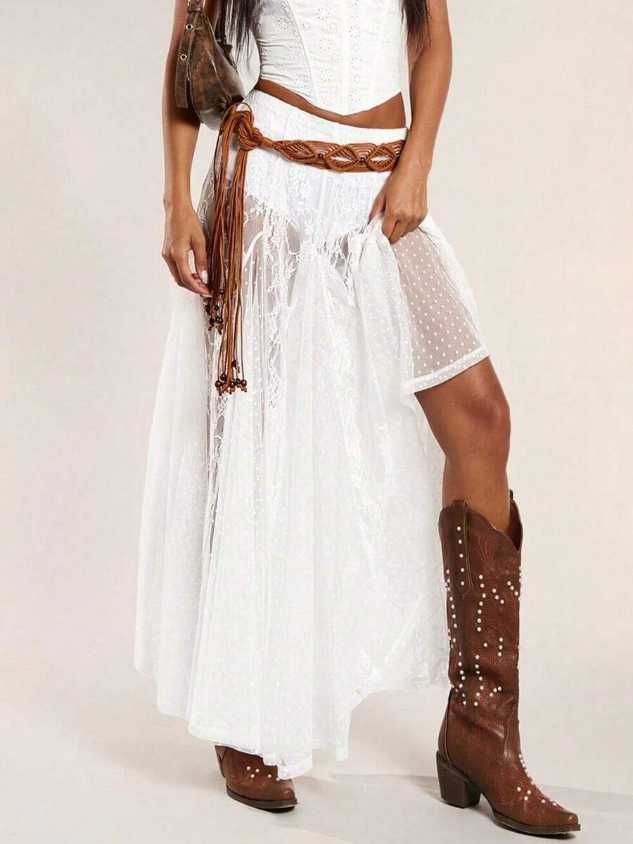 Women's Y2k Summer A-Line Maxi Skirt Stylish Floral Print See Through Elegant Flowy Skirt Fashion High Waist Long Lace Patchwork Skirt For Travel Beach Shopping - trắng - Xem 1