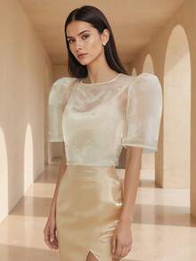 Áo cánh Philippines hiện đại của Amyenjoylife, Áo tay ngắn đính hạt cườm thời trang xuân hè cho nữ, Áo Bolero Philippines dành cho nữ, Áo màu mơ - Màu be - Xem 4