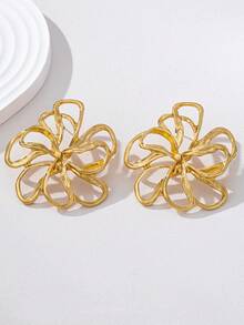 1 Par de Pendientes de Metal con Flores Huecas Grandes de Estilo Europeo y Americano - Amarillo Oro - Ver 2
