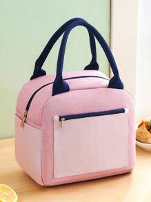 1 pieza Bolsa de almuerzo con capacidad grande y bloques de color para estudiantes - Diseño de tela Oxford portátil, revestimiento de aluminio grueso, fácil de llevar, mantiene la comida caliente y fría, adecuado para viajes al aire libre, estilos masculinos y femeninos, sin contacto con los alimentos, bolsa de almuerzo aislada, esencial para volver a la escuela