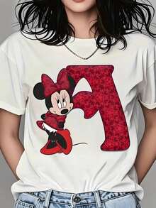 Cartoon Print Ladies' T-Shirt, Casual Round Neck T-Shirt For Spring And Summer