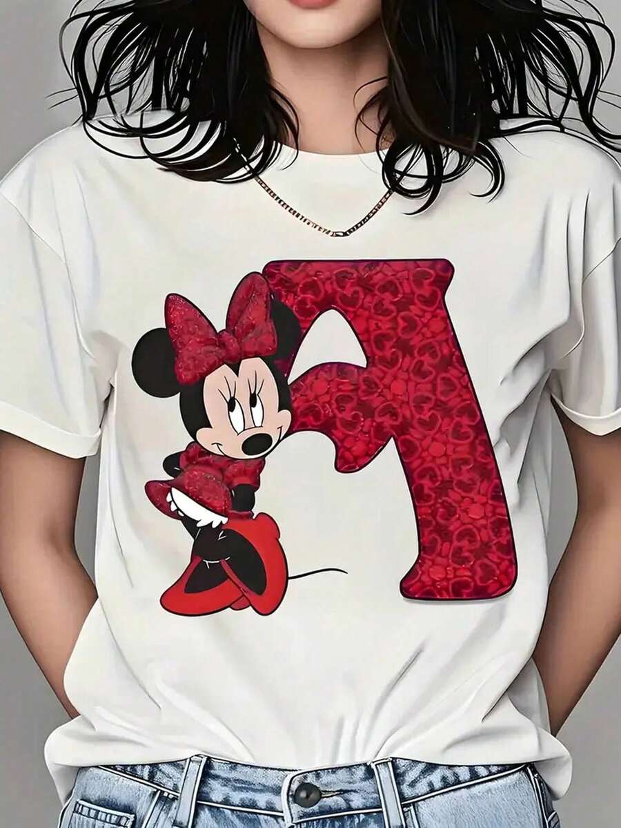 Cartoon Print Ladies' T-Shirt, Casual Round Neck T-Shirt For Spring And Summer