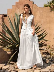 Faeriesty BohoBloom Lace Trim 2 Pieces Set: Sleeveless Cardigan Top And Flowing Midi Skirt - Essential Vacation Outfit (Beach, Garden Party, Holiday Wear) - White - View 7