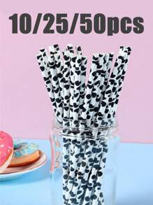 10/25/50pcs Black And White Cow Patterned Paper Straws, Disposable Cutlery Straws Suitable For Birthdays, Holidays, Parties, Homes, Bars, Drinks Shops, Picnics, Party Supplies,School Supplies