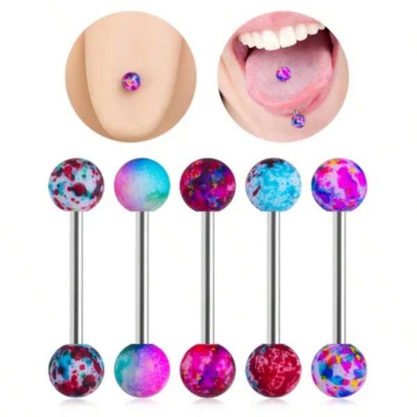 5 Stücke acryl beschichtete Zungen Piercings mit Kugel, 14G 16mm Zungenstäbe, Stahl Zungen Piercing Schmuck Brustwarzen Ringe