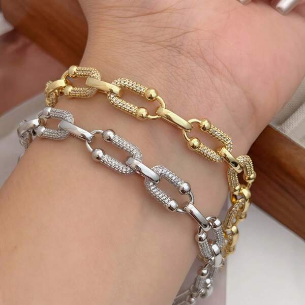 1pc 18K Gold Plated Copper Chain Bracelet With Full Rhinestones, Adjustable U-Shaped Unisex Design, Suitable For Men/Women, Simple & Versatile For Daily Wear, Summer Jewelry