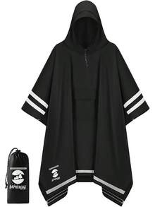 Poncho de lluvia con capucha SaphiRose impermeable para hombres, mujeres y adultos - Black03 (con rayas reflectantes) - Ver 13