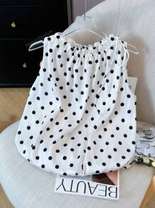 Women's Fashion Black Polka Dot Satin Drawstring Loose Fit Blouson Top