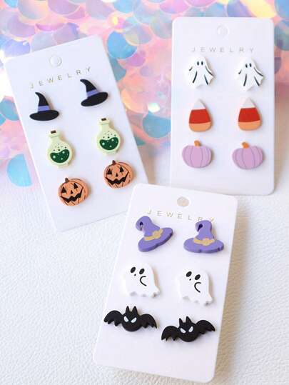 3 Pairs Halloween-Themed Acrylic Dangle Earrings With Baked Enamel Wizard Hats & Sugar Skull Pumpkin Bat Design, Cute And Fun Party Gift Earrings For Women Girls
