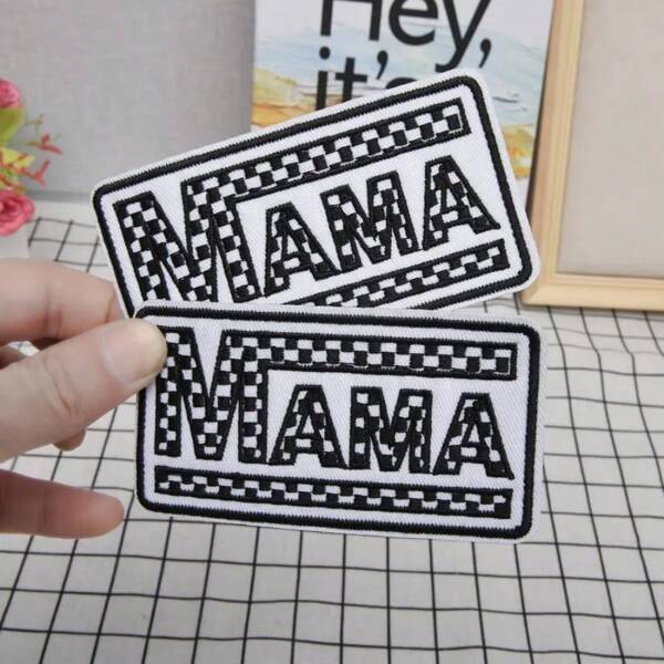 4pcs "MAMA" Iron-On Embroidered Patches - Bold Black & White Checkered Design, Durable Fabric For DIY Customization On Hats, Bags, Clothes - Mixed Colors, Easy Iron-On Or Sew-On Application, Sewing Accessories, Patchwork, Stylish Embroidery, Highquality Patch