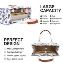 Canvas Tote Bag For Women With Pockets Crossbody Bag Tote Shoulder Handbags Casual Work Bags Everything Tote Bag - 淺紫藍花 - 查看 3