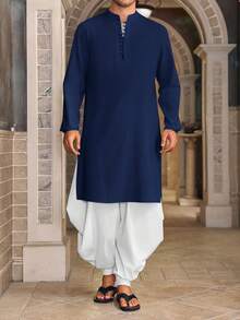 Runcati Men's Cotton Linen Henley Button Down Thobe Long Sleeve Casual Muslim Kaftan Gown - Màu xanh hải quân - Xem 3