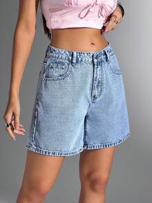 Jeanoix 女士夏季休闲蝴蝶结刺绣牛仔短裤 - 淺色水洗藍 - 查看 6