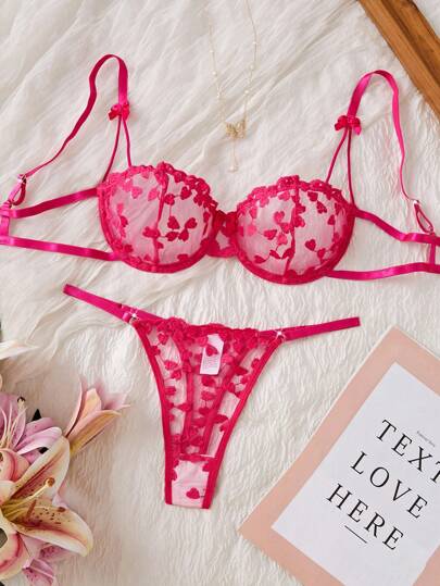 Women 2pcs Sexy Bow Embroidered Lingerie Set, Suitable For Daily Wear, Valentine's Day, Dating, Rave