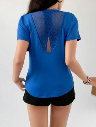 Women's Minimalist Mesh Patchwork Short Sleeve T-Shirt, Breathable Soft Sports Yoga Top, Backless Breathable Workout Tee, Women Round Neck Yoga Suitable For Fitness Training Exercise Running Gym , Can Be Worn Casually