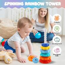 A Rainbow Tower Spinning Stacking Toy, Color Ferrule, Children's Educational Early Education Toy Block Shape Matching, Spinner Toy,Attention Autism Bucket Toys,Spinning Toys,Stacking Toy,Stacking Rings,Sensory Toys
