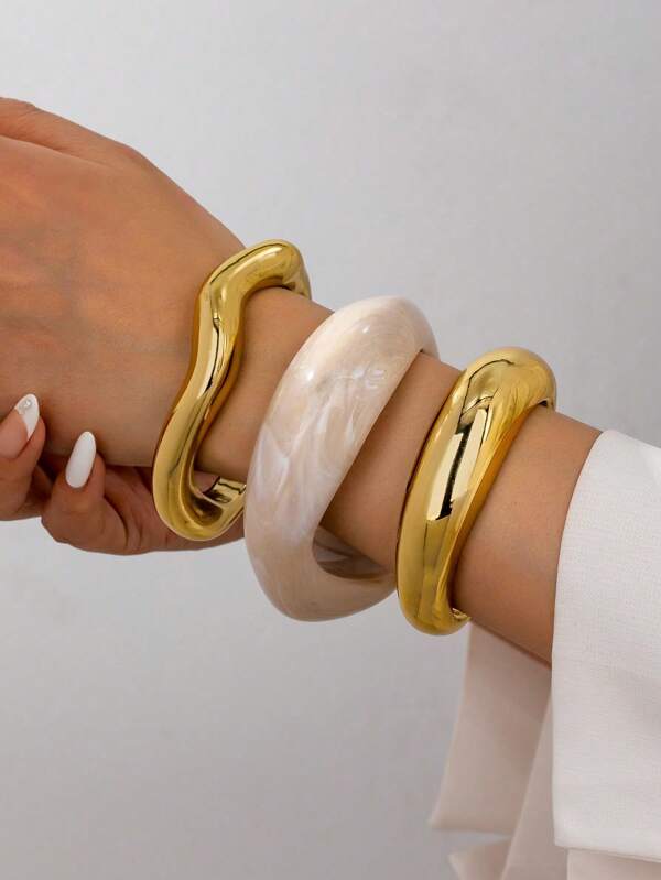 3 Pcs Resin Cuff Bangles Set , Women Minimalist Chunky Cuff Bracelets , Basic Design Bangles Bracelets Set , Stacked Bracelets Jewelry For Daily Wear