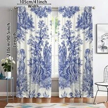 2pcs Blue Toile De Jouy Style Blackout Curtains - Elegant Floral Design, Grommet Top, Thermal Insulating & Light Blocking For Living Room And Bedroom Decor, Polyester Material, Wrinkle-Resistant, Curtains For Living Room