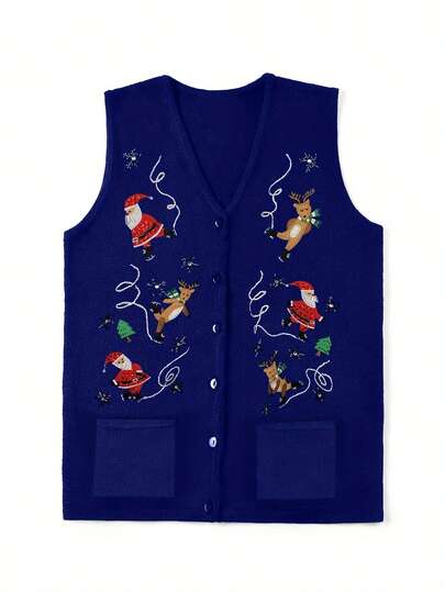 Women's Autumn Winter Sweater Vest V Neck Christmas Pattern Print Button Up Knit Tank Tops