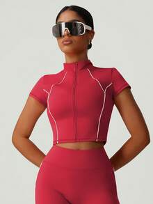 Women's Colorblock Line Slim Fit Zipper Small Stand Collar Short Sleeve Jacket - Red - View 5