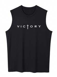 男士夏季字母印花圆领休闲背心，Emo 风格，2000 年代风格 - 黑色 - 查看 2