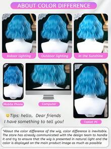 alicegarden 1 片合成耐热卷发，蓝色刘海假发长度 12 英寸，编织日常自然逼真假发。（不含配件） - 藍色 - 查看 9