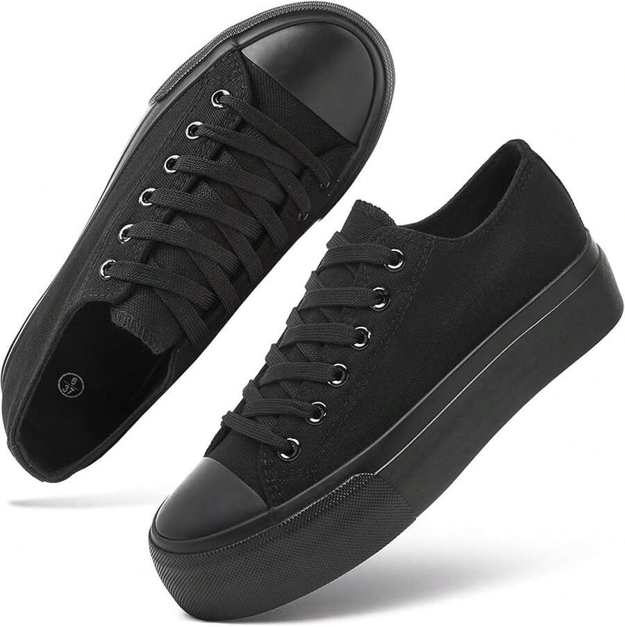 White Platform Sneakers For Women, Low Top Canvas Shoes - Full Black - View 1
