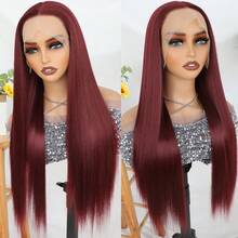 Purple Color Lace Front Wigs Pre Plucked Hairline Long Straight Wigs For Fashion Women Girls Party Daily Wear Glueless Dark Purple Lace Front Synthetic Wigs 13x4 Free Part Heat Resistant Fiber Hair 28 Inch 180% Density - 酒紅色 - 查看 3