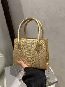 Mini Lipstick Shaped Fashion Metallic Snake Skin PU Handbag - Gold - View 6