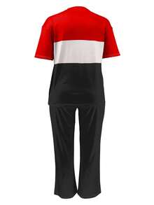 Women'S Large Size Color Block Casual Outfit - Comfortable Polyester Short Sleeve Top And Loose Wide Leg Pants Set, Machine Washable, Suitable For Fashion Casual Clothing, Plus Size Pants Women'S Plus Size Clothing - 紅黑色 - 查看 2