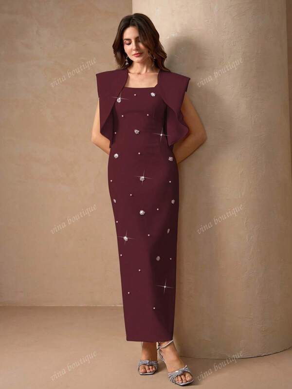 Women Square Neck Elegant Beaded Asymmetrical Sleeve Maxi Dress