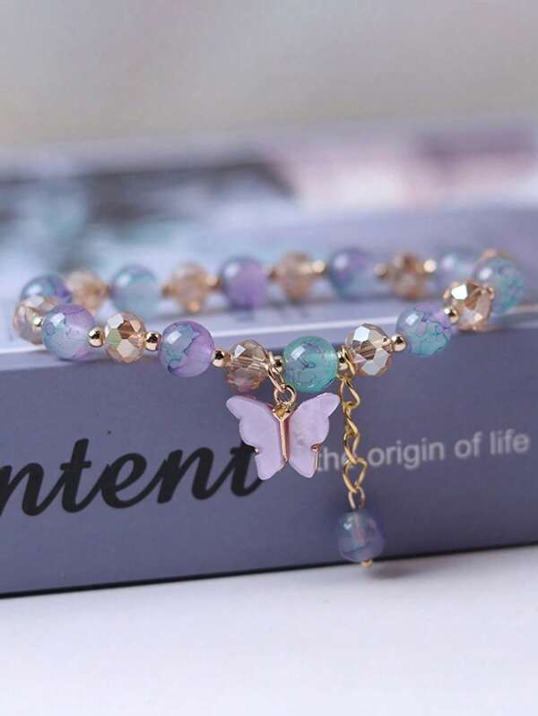 Vintage Elegant Bohemian Style Glass Bead Bracelet Set With Butterfly Pendant | Women's Wristband, Ideal Birthday Gift, Charm Bracelet Sweet Artificial Crystal Butterfly Bracelets Romantic Beaded Hand Chain Exquisite Tassel Pendant Jewelry For Friend Fashion Gift