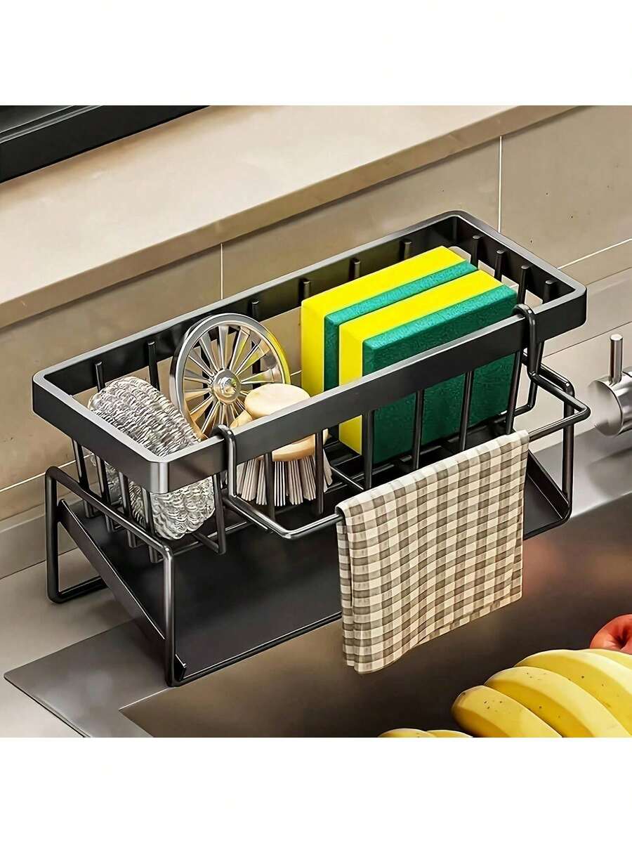 1pcs Effective Draining Kitchen Sponge Shelf, Soap Holder, Stainless Steel Material Is More Sturdy, Slope Design Is Free From Water Accumulation, Towel Independent Rack Effective Anti-Mold, Kitchen Storage - Black - View 1