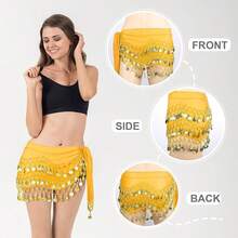 Chiffon Belly Dance Hip Scarf With 128 Coins For Yoga Class - Yellow - View 3