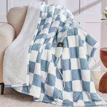 Heated Blanket Throw, 50X60, Heating Throw With 10 Heats Levels/8 Hours Auto Off, Navy Blue Plaid Sherpa Blanket Winter Warmer Adults, Washable Housewarming Couch Bed Office, ETL - 霧藍格子 - 查看 1