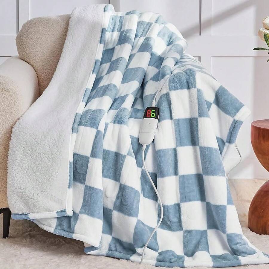 Heated Blanket Throw, 50X60, Heating Throw With 10 Heats Levels/8 Hours Auto Off, Navy Blue Plaid Sherpa Blanket Winter Warmer Adults, Washable Housewarming Couch Bed Office, ETL - 霧藍格子 - 查看 1