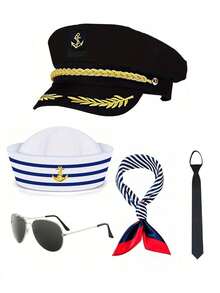 Multi-Piece Set: Captain's Hat, Sailor Hat, Scarf Set For Men & Women, White Gloves, Aviator Fashion Glasses, Sailor Uniform, Yacht/Rock Party Costume, Cosplay Accessories - Black - View 8