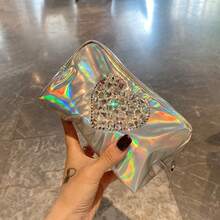 1pc Rhinestone Decor Holographic PU Makeup Bag, Portable Colorful Square Large Capacity Cosmetic Pouch, Women's Organizer Bag, Makeup Tool Storage, Beauty Accessories, Crystals Decor, Wedding Birthday Party Holiday Gift, Christmas, Halloween,Christmas Gifts,Pouch,Travel,Gifts For Women Travel Essential,Pouch,Clutch / Small Handbag, Makeup Organizer,Makeup Organize,Pouch,Brush Holder,Mini Pouch,Large Capacity Pouch