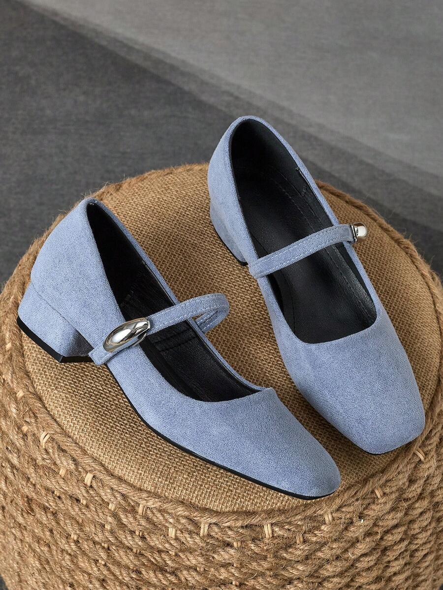 女式 3 厘米粗跟玛丽珍平底鞋，时尚百搭休闲鞋，蓝色