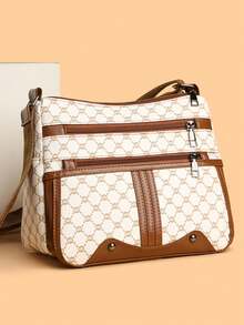 女士几何图案斜挎包，柔软皮革材质中年单肩包，新款春秋设计